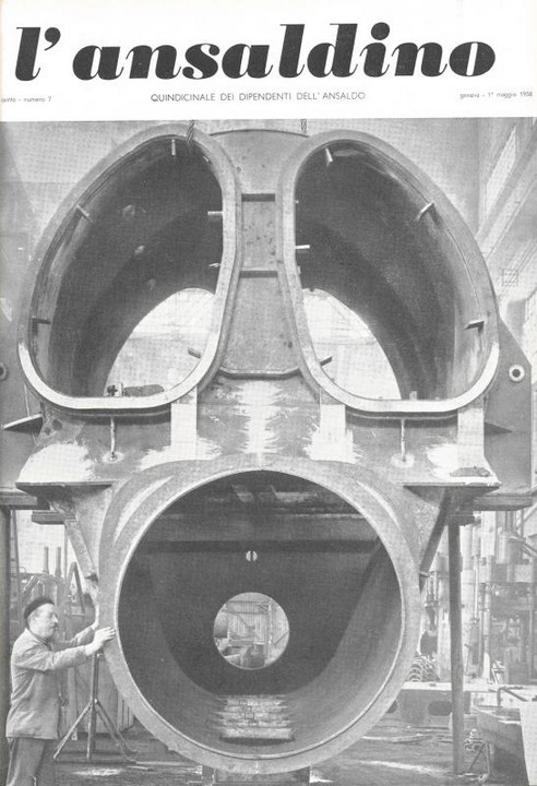 p. 1 (copertina), condesatore speciale a superficie costruito allo stabilimento Meccanico di Sampierdarena per il collaudo dei gruppi turbogeneratori e delle turbine marine nella nuova sala prove, 1958